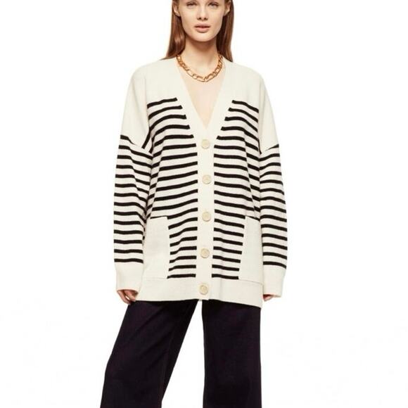 Zara Black Ecru Striped Oversized Wool V-neck Cardigan Chunky Buttons Sz Medium - Picture 1 of 9